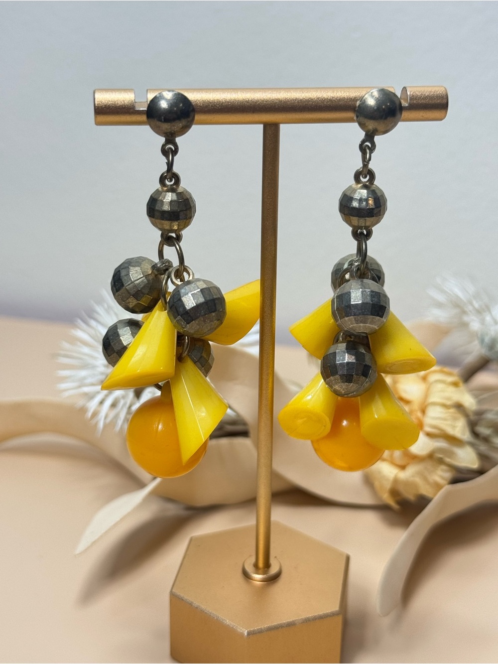 Vintage Yellow & Metallic Beaded Cluster Dangle Statement Earrings